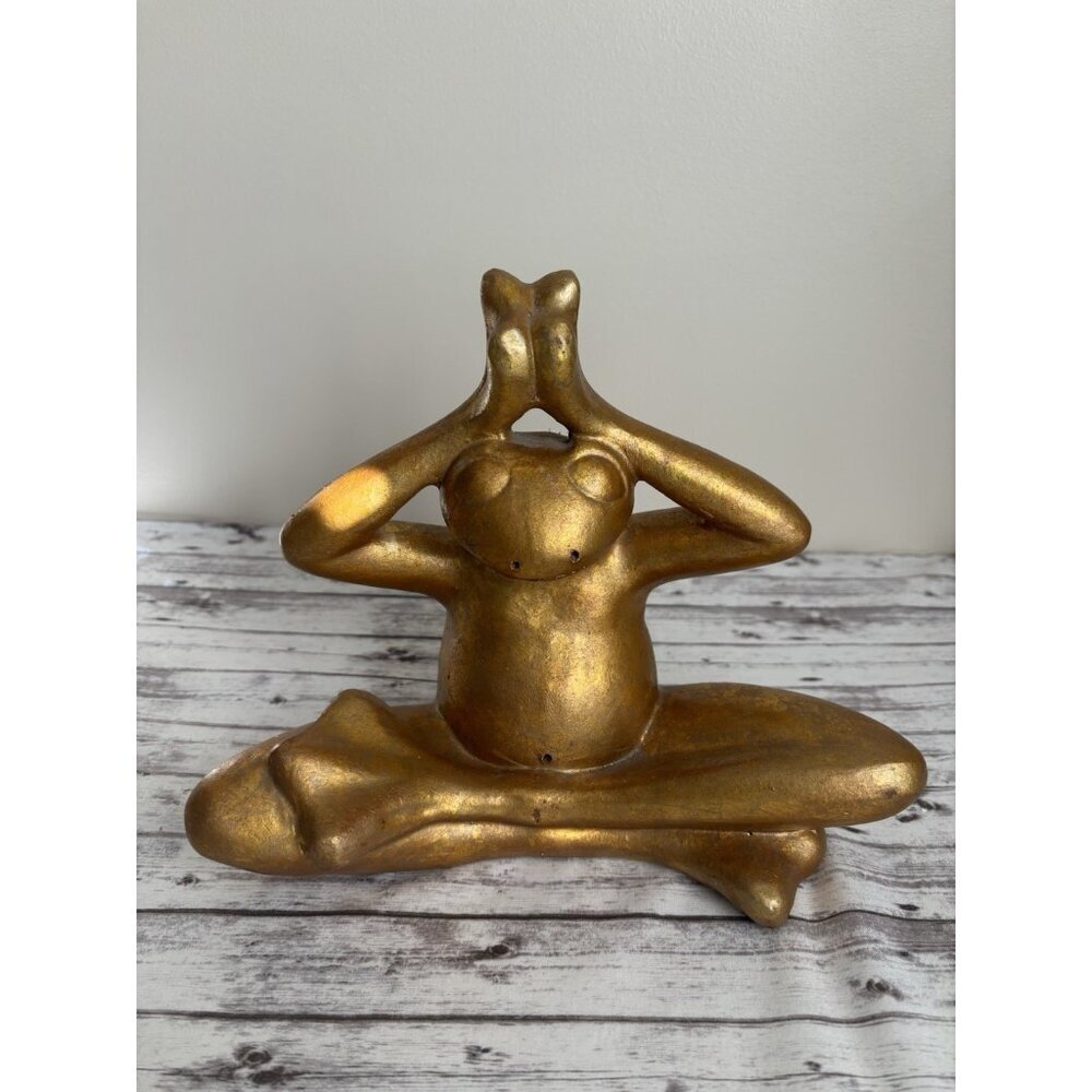 Pier 1 Gold‎ Yoga Frog Statue Figure Zen 10x11” Heavy Garden Decor